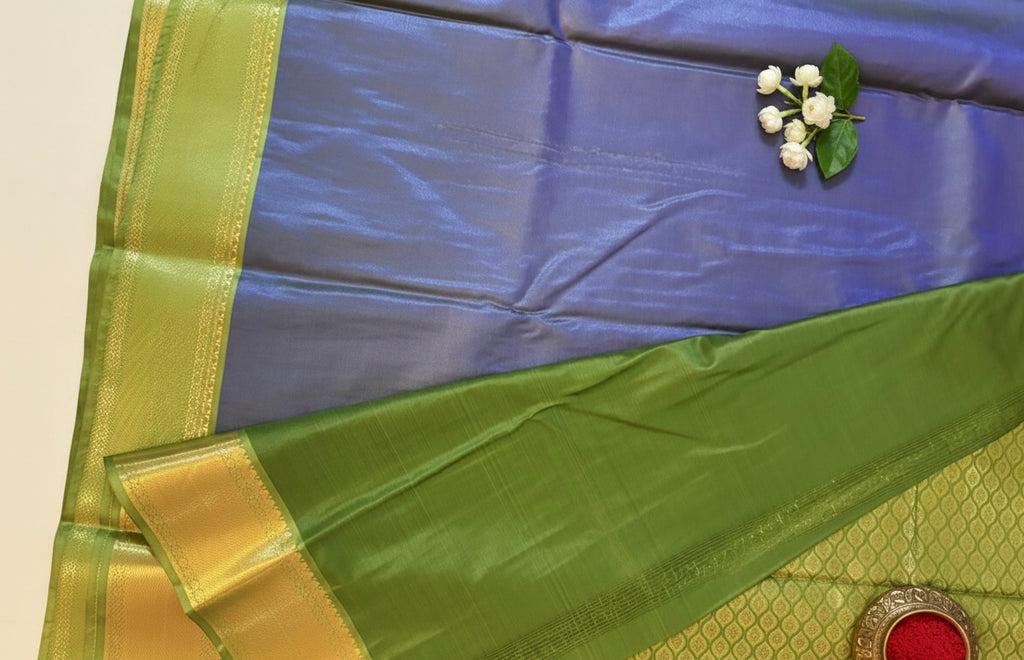 Royal Blue Kanchipuram Semi Silk Saree with Peacock Motifs and Green Golden Border Kadiyal Pattu