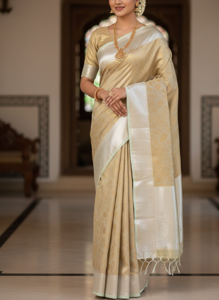 Pastel Beige Kanjivaram Semi Silk Saree with Silver Border