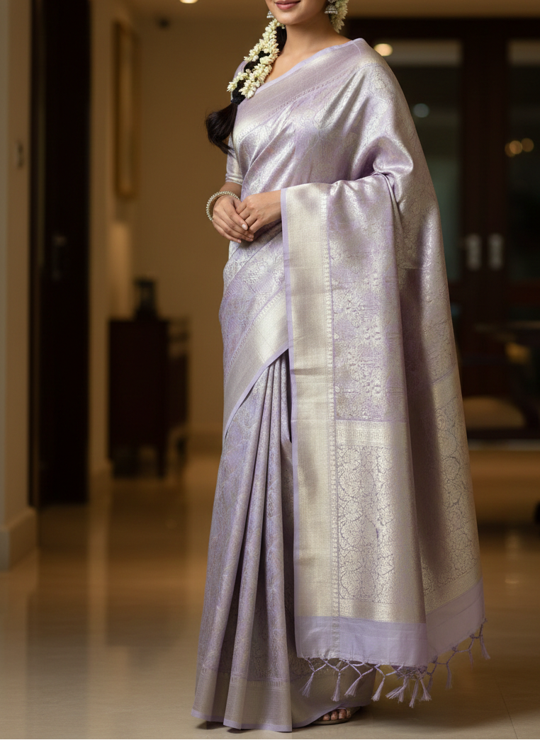 Pastel Lavender Kanjivaram Semi Silk Saree with Silver Zari