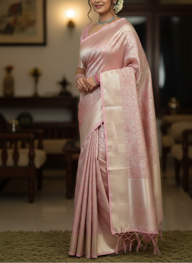 Pastel Pink Kanjivaram Semi Silk Saree with Golden Border