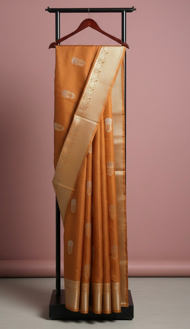 Premium Viscose Khadi Silk Saree with Golden Zari - Sunset Orange
