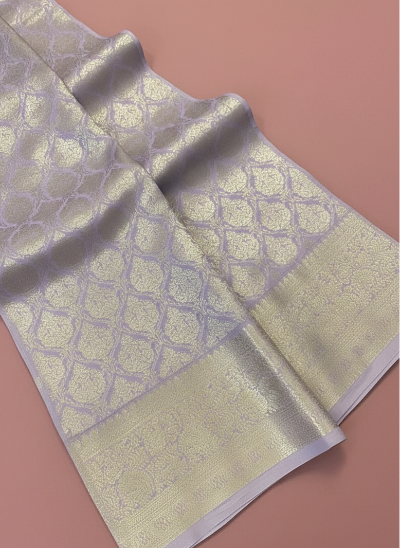 Pastel Lavender Kanjivaram Semi Silk Saree with Silver Zari