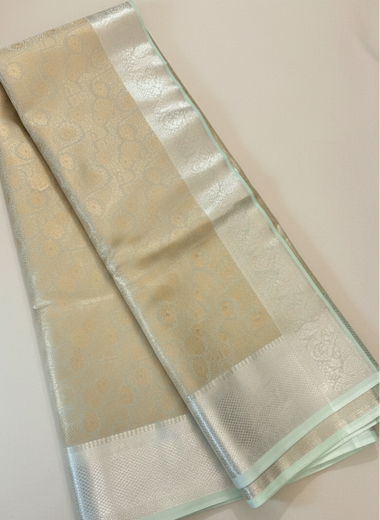 Pastel Beige Kanjivaram Semi Silk Saree with Silver Border