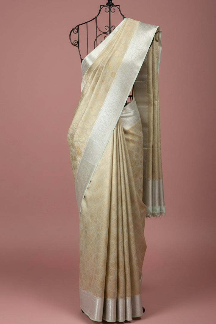 Pastel Beige Kanjivaram Semi Silk Saree with Silver Border