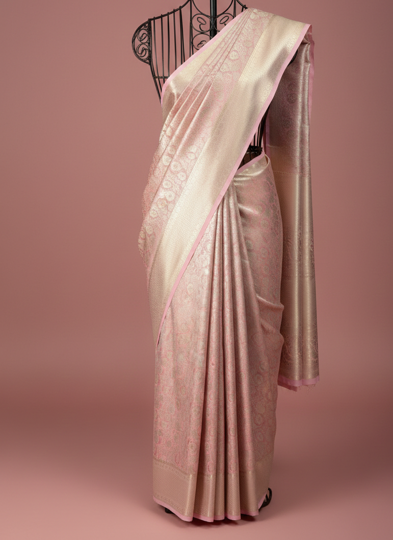Pastel Pink Kanjivaram Semi Silk Saree with Golden Border