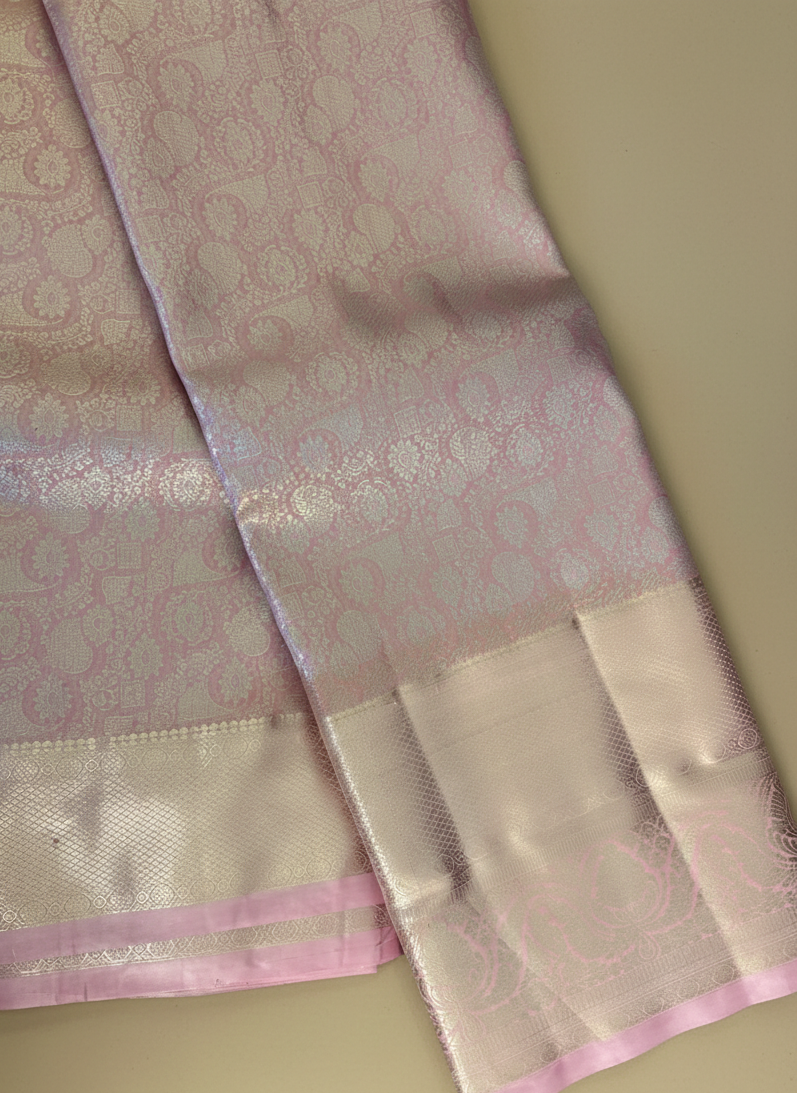 Pastel Pink Kanjivaram Semi Silk Saree with Golden Border