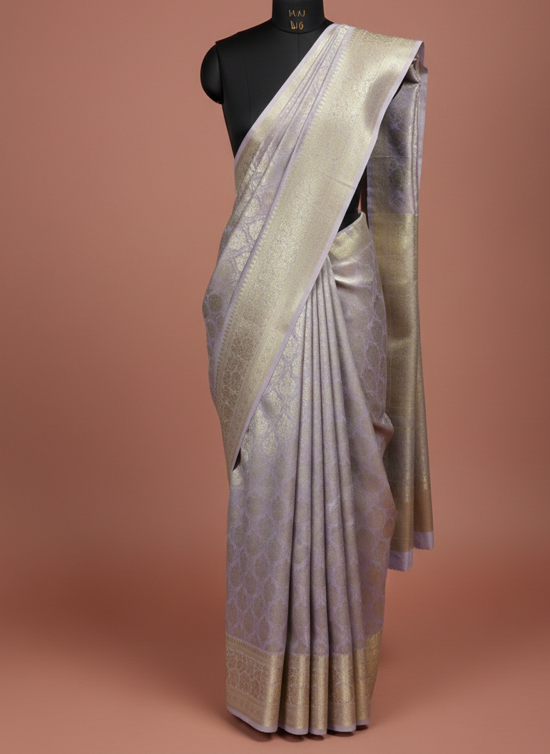 Pastel Lavender Kanjivaram Semi Silk Saree with Silver Zari