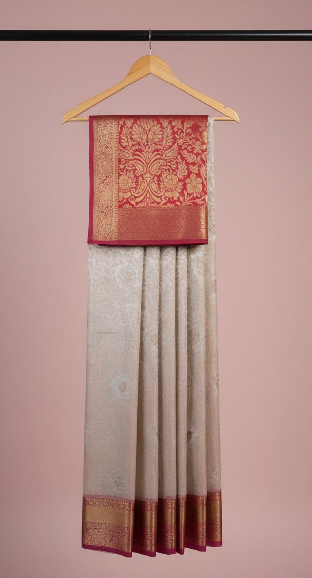Off-White Kanjivaram Saree with Red Border