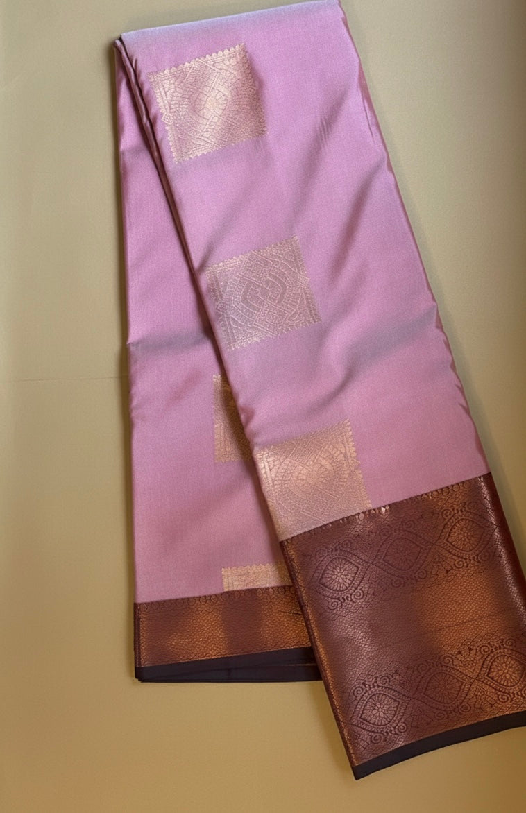 Kanjivaram Silk Saree with Contrast Border - Lavender Brown