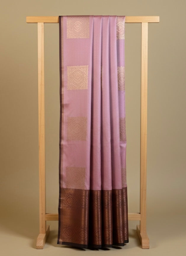 Kanjivaram Silk Saree with Contrast Border - Lavender Brown