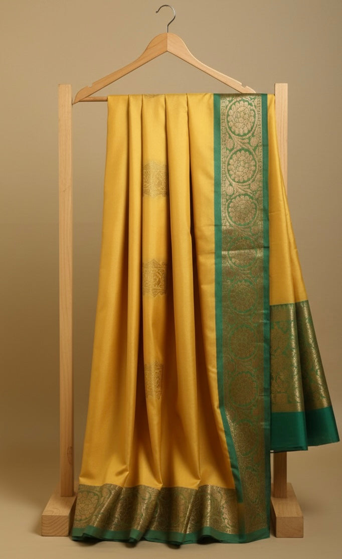 Yellow Kanjivaram Silk Saree with Green Golden Border and Temple Motifs