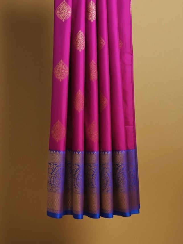Kanjivaram Silk Saree with Contrast Border - Magenta Purple