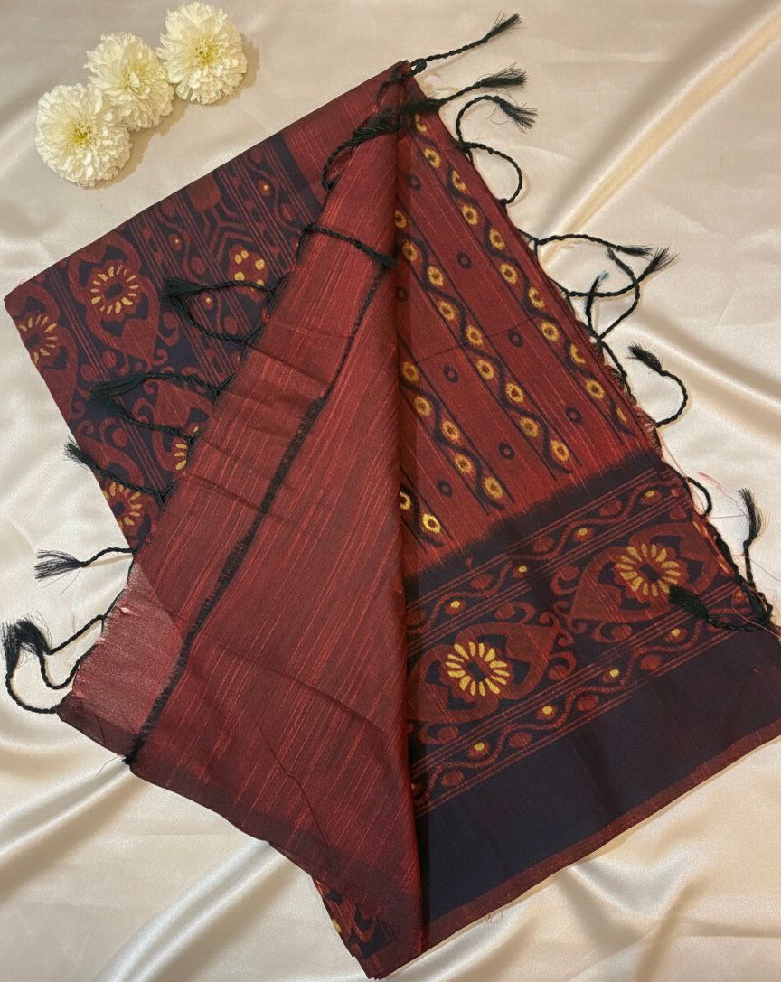 Maroon Handloom Cotton Saree with Traditional Floral Border and Tassel Detailing