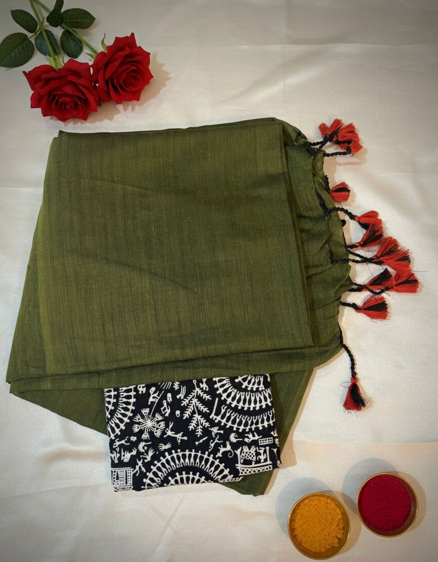 Olive Green Handloom Cotton Saree with Warli Print Blouse and Tassel Border