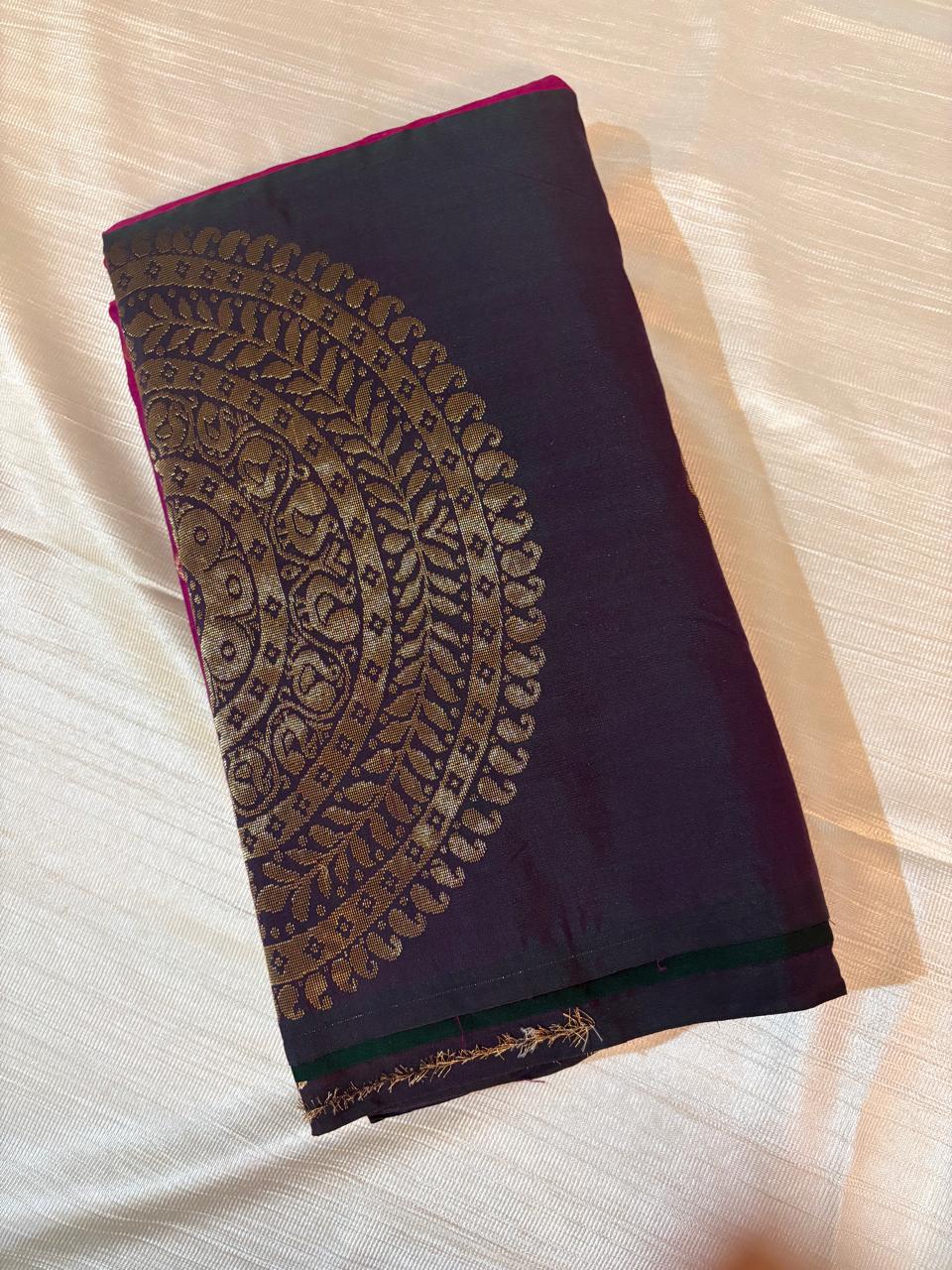 Magenta Cotton Silk Saree with Black Border and Circular Zari Motif