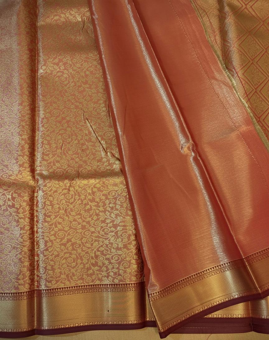 Golden Kanchipuram Semi Silk Saree with Rich Zari Border and Maroon Accent
