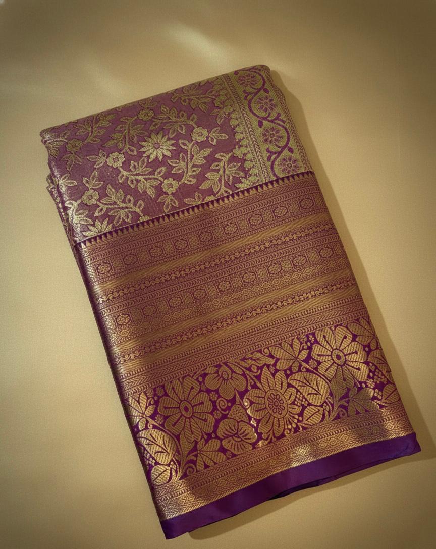 Purple Kanchipuram Semi Silk Saree with Rich Zari Work and Traditional Motifs