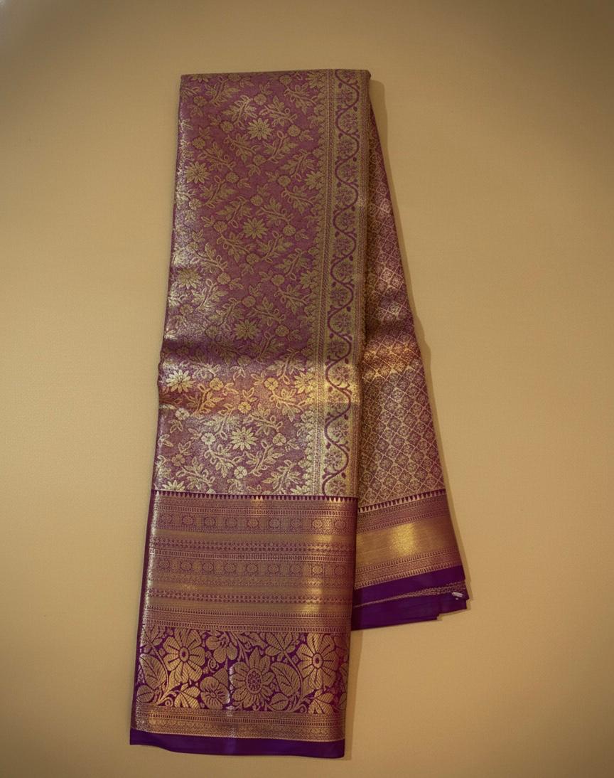 Purple Kanchipuram Semi Silk Saree with Rich Zari Work and Traditional Motifs