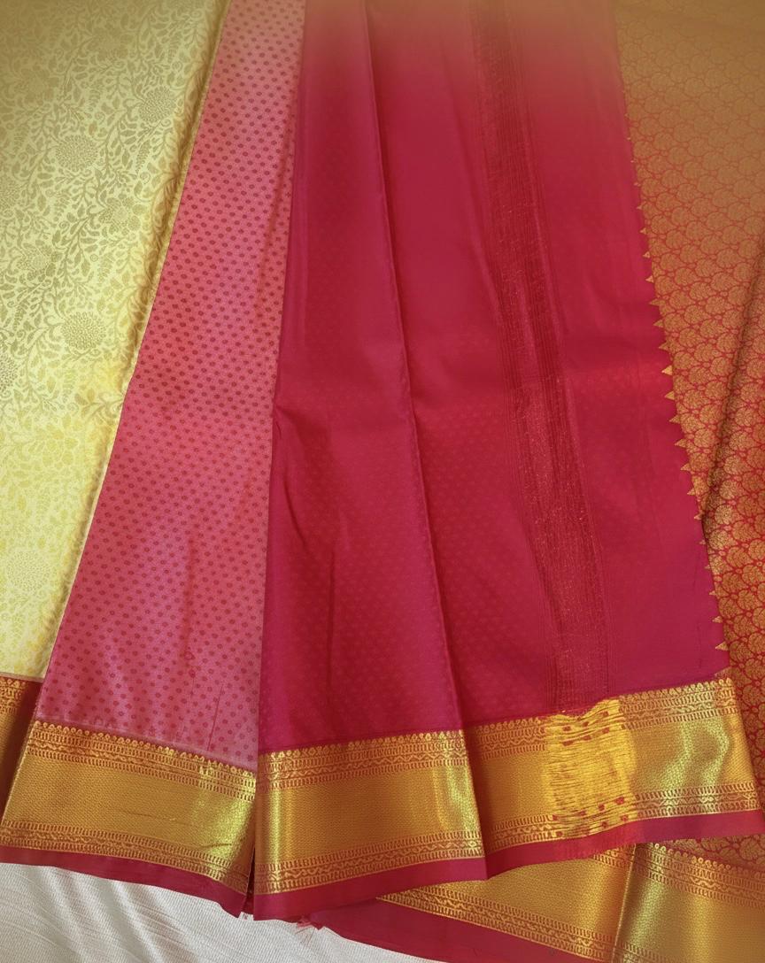 Cream Kanchipuram Semi Silk Saree with Golden Zari Border and Pink Accent
