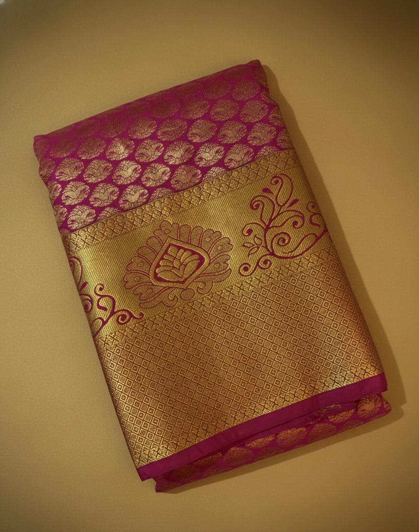 Pinkish Kanchipuram Semi Silk Saree with Golden Zari Border and Temple Motifs