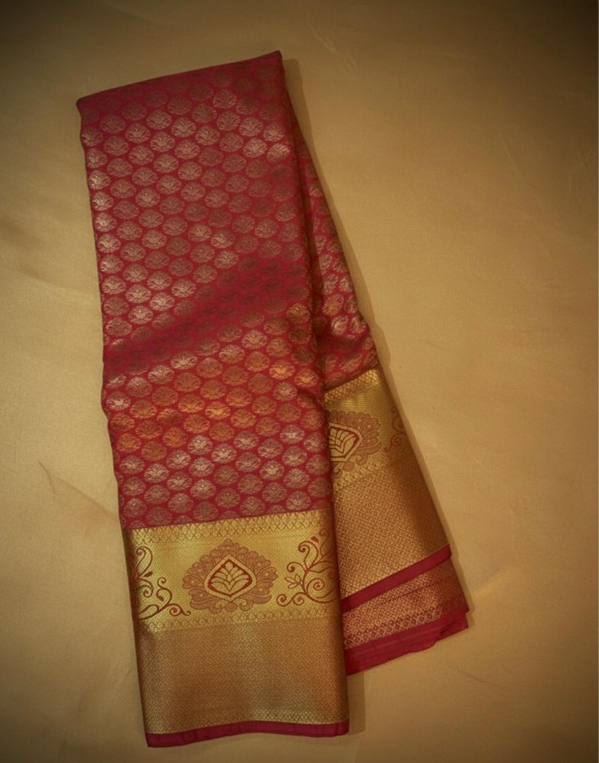 Pinkish Kanchipuram Semi Silk Saree with Golden Zari Border and Temple Motifs