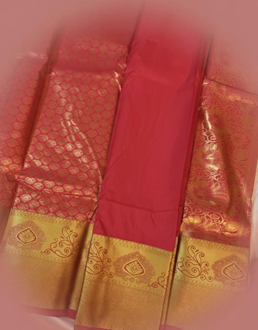 Pinkish Kanchipuram Semi Silk Saree with Golden Zari Border and Temple Motifs