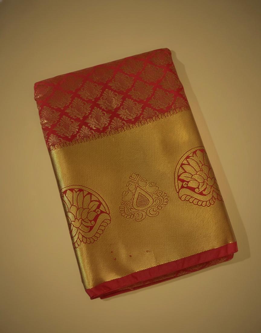 Red Kanchipuram Semi Silk Saree with Rich Golden Zari Border and Peacock Motifs