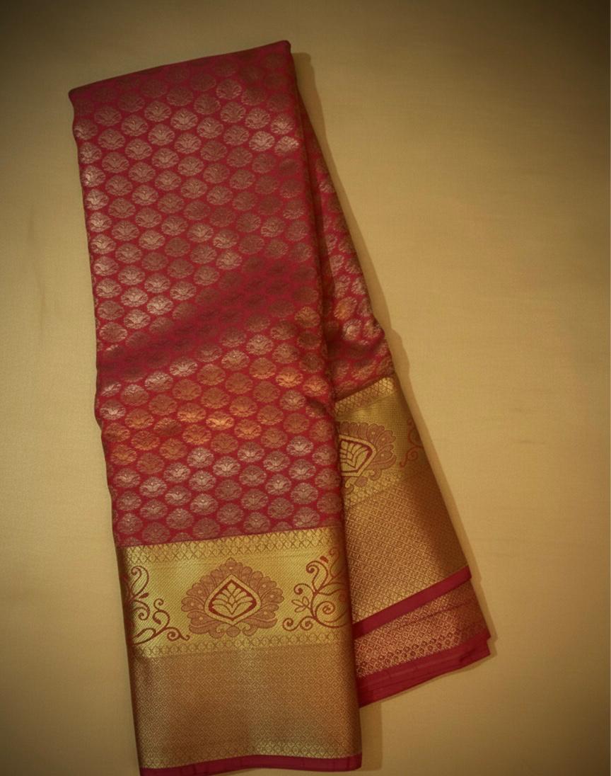 Red Kanchipuram Semi Silk Saree with Rich Golden Zari Border and Peacock Motifs