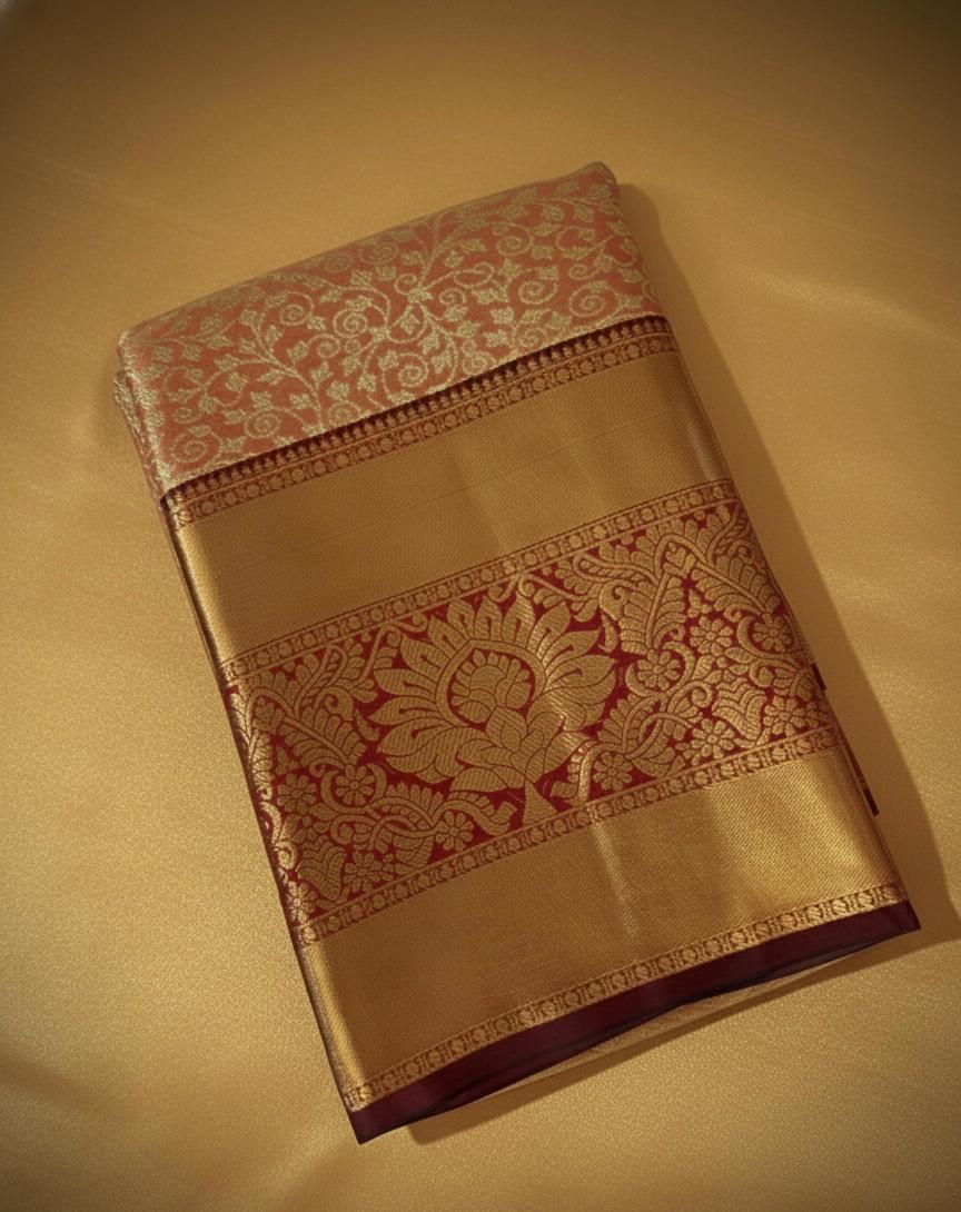 Golden Kanchipuram Semi Silk Saree with Rich Zari Border and Maroon Accent