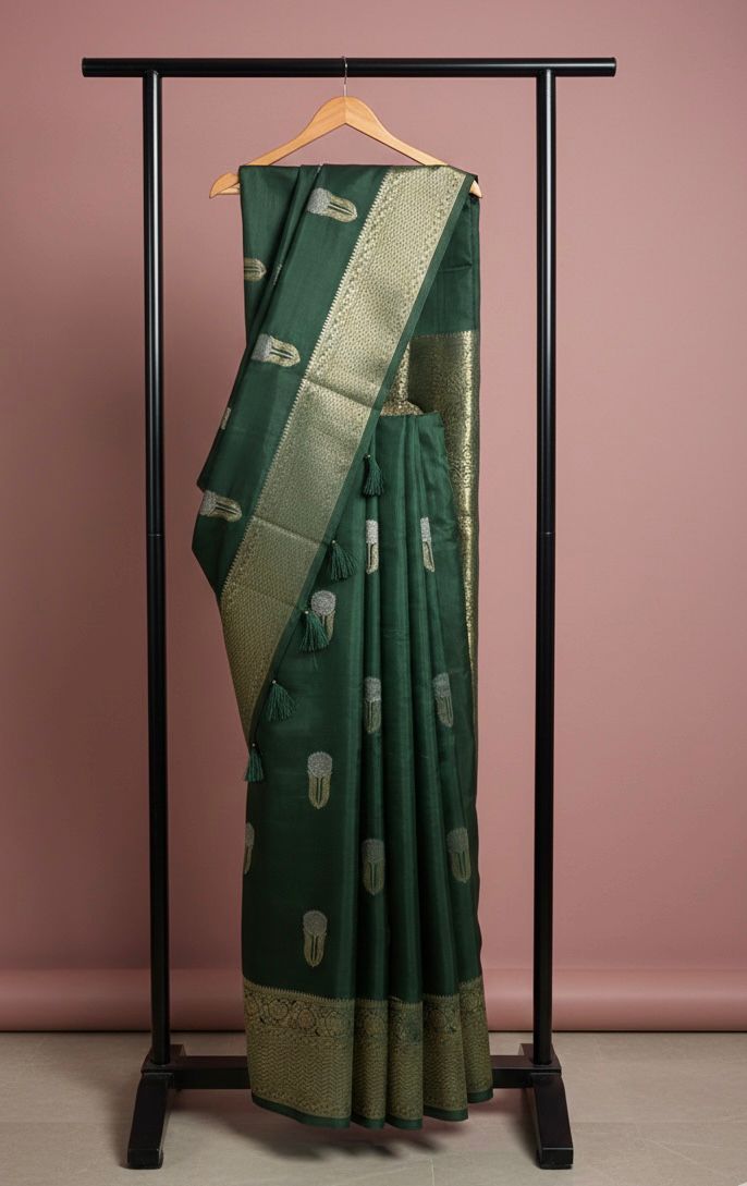Premium Viscose Khadi Silk Saree with Zari Border - Emerald Green