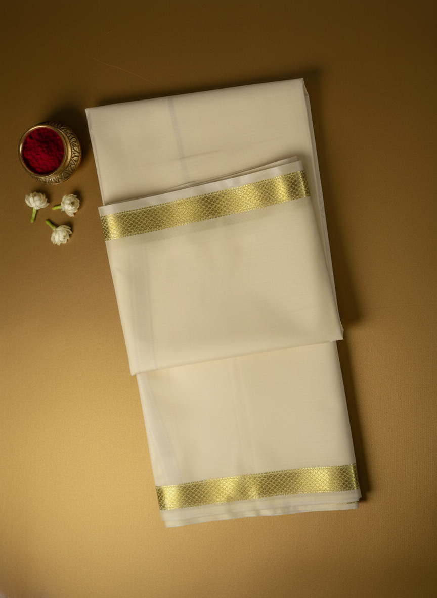 White Silk Dhoti with Golden Zari Border and Shawl (angavastram)