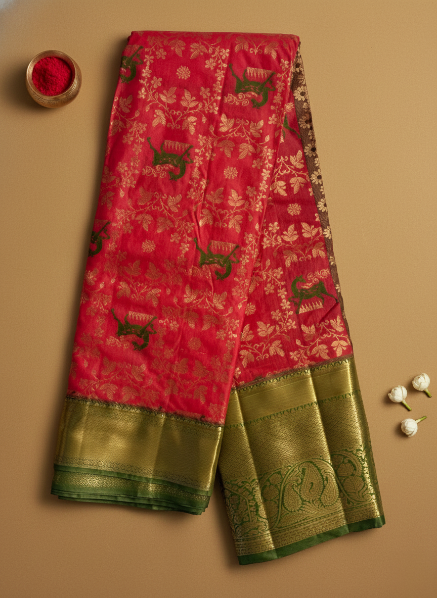 Red Kanchipuram Semi Silk Saree with Golden Zari Deer Butta and Green Contrast Border Kadiyal Pattu