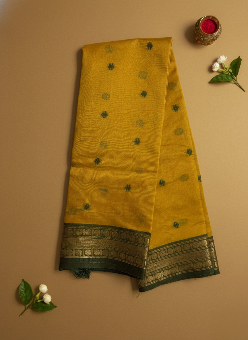 Yellow Soft Cotton Saree with Silk Zari Border and Green Contrast Motifs