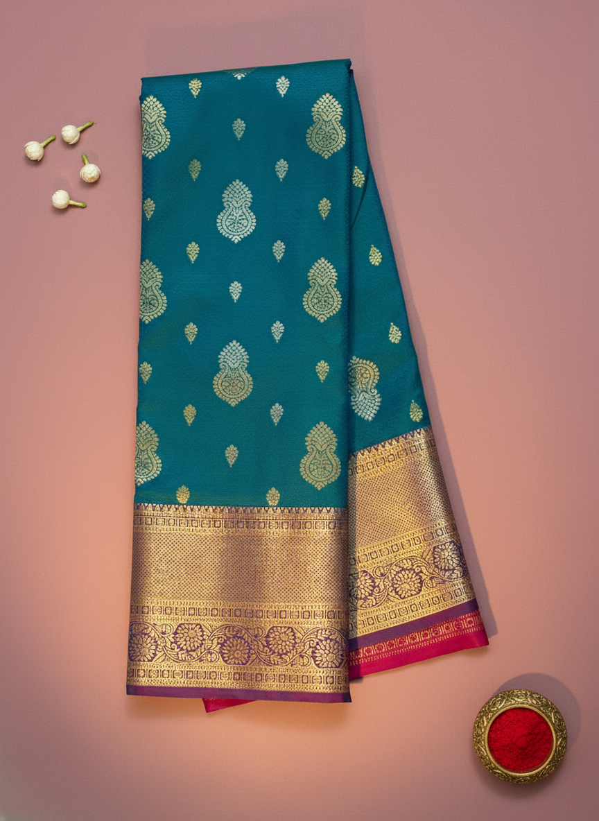Teal Green Kanchipuram Silk Saree with Golden Zari Paisley Motifs and Pink Border Kadiyal Pattu