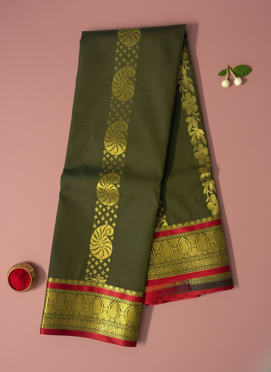 Olive Green Cotton Silk Saree with Golden Zari Paisley Border and Red Contrast